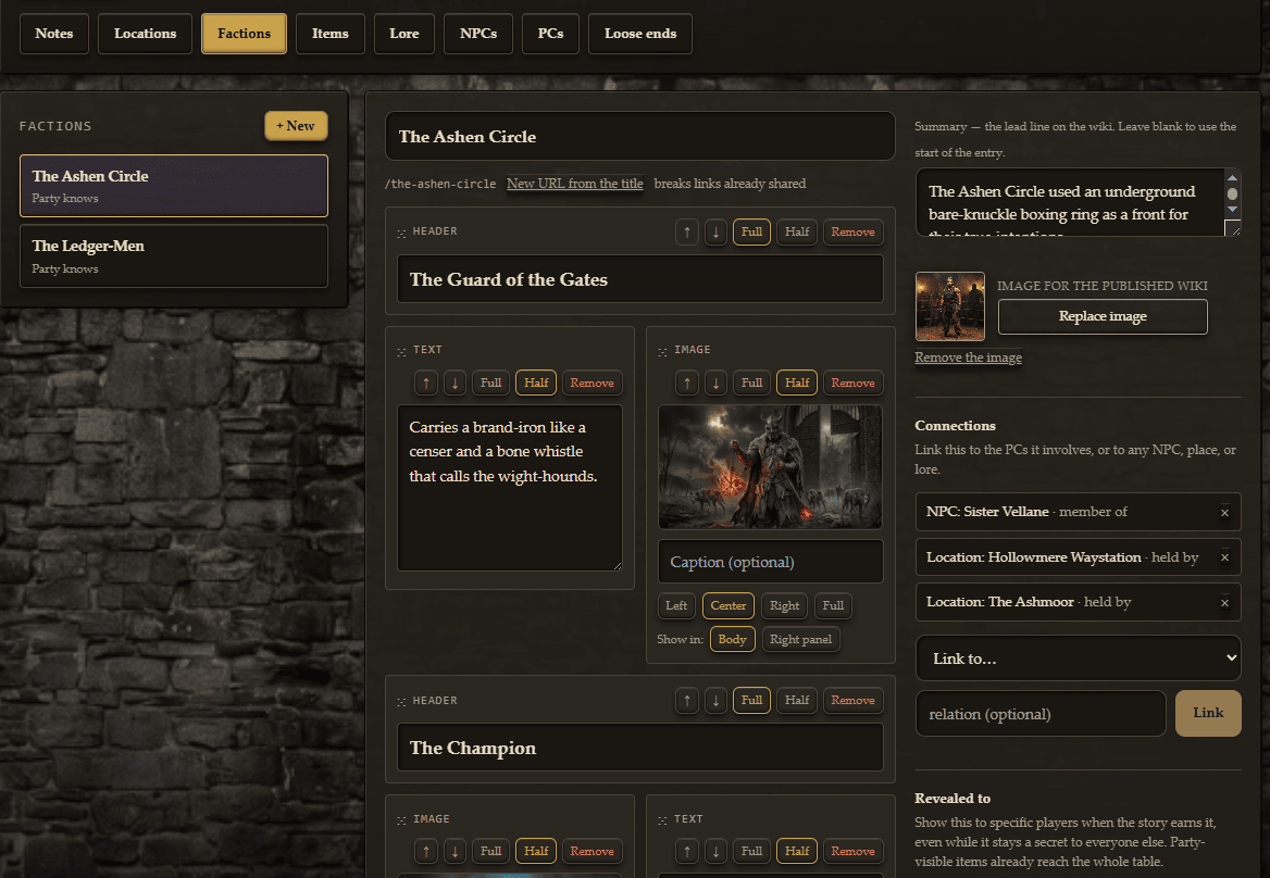 The Codex editor with linked NPCs, places and factions