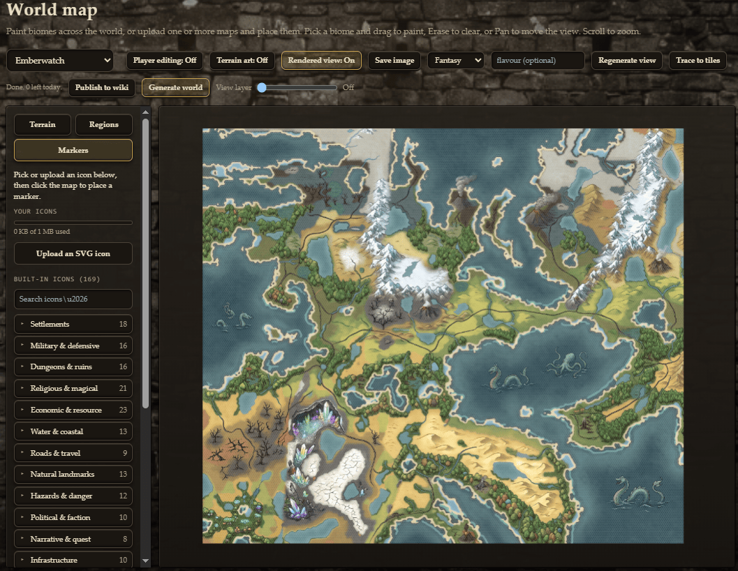 A rendered hex world map with settlements and regions